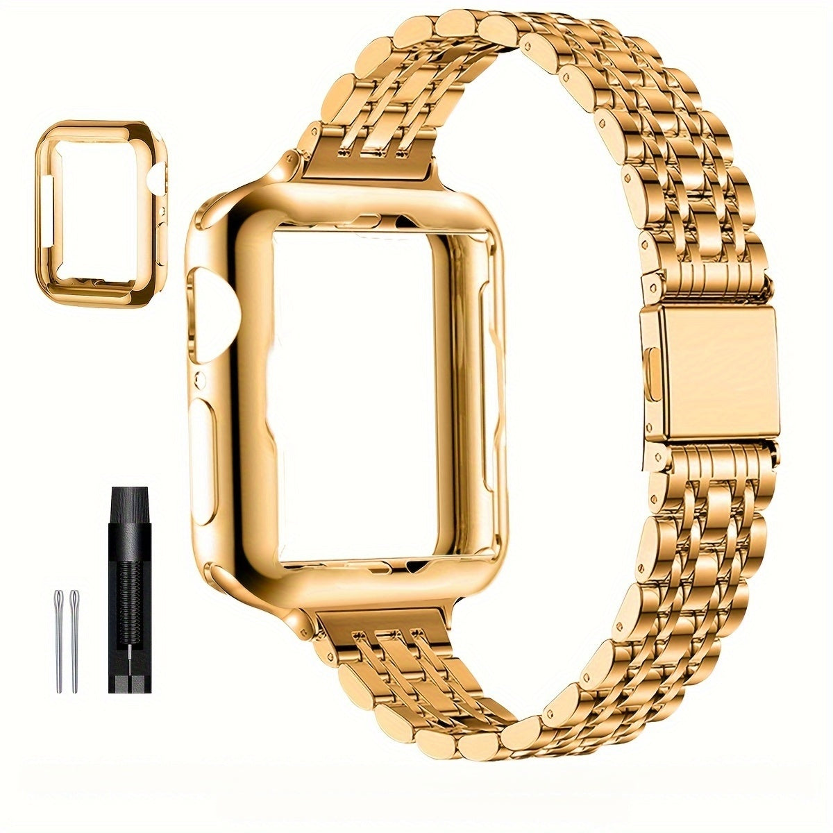 [Elegant Watch Band] Gold-Plated Stainless Steel 1pc Watch Band | Foldover Clasp and Protective Case for Apple Watch, Compatible with iWatch Series 1-9/SE/SE2, Elegant Women's Wristband Accessory