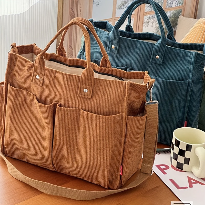 [Multi-Pocket Corduroy Tote Bag] Chic Corduroy Tote Bag for Women - Multi-Pocket, Thickened Design with Striped Pattern, Black | Casual & Artistic Crossbody Shoulder Handbag, Harajuku, Autumn Winter, Student