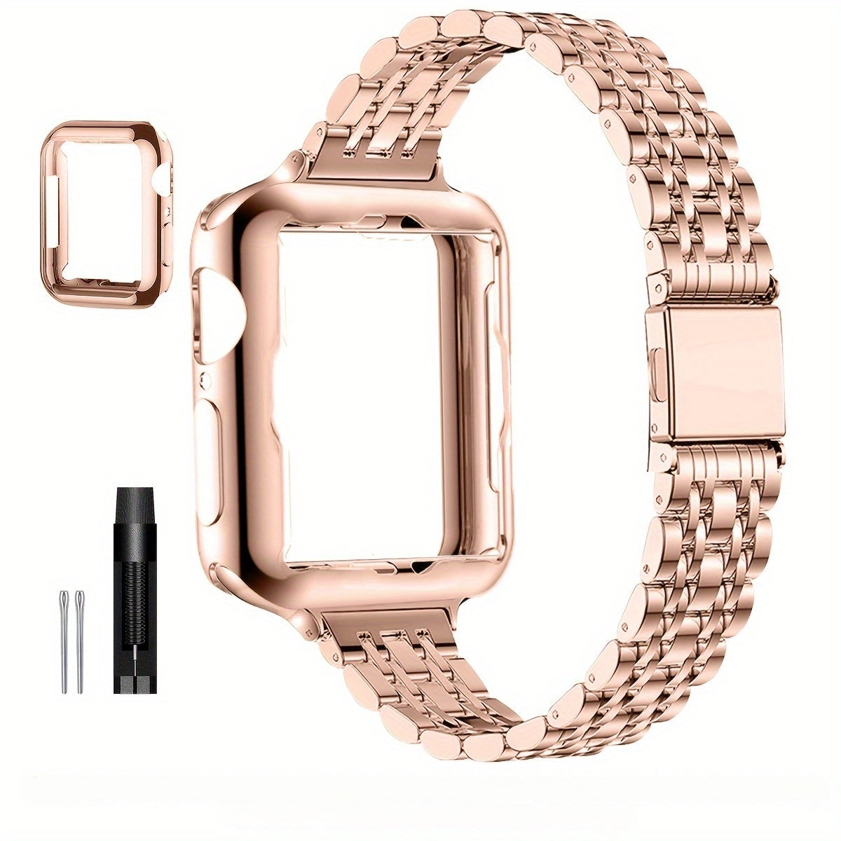 [Elegant Watch Band] Gold-Plated Stainless Steel 1pc Watch Band | Foldover Clasp and Protective Case for Apple Watch, Compatible with iWatch Series 1-9/SE/SE2, Elegant Women's Wristband Accessory