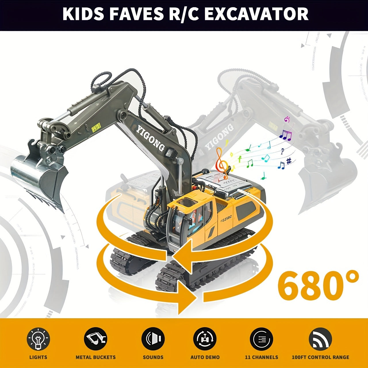 [RC Excavator Toy] 2.4Ghz Remote Control Excavator Toy | for Boys, Kids 6 7 8 9 10 11 Year Old, with Metal Shovel, Lights, Sounds, Turns 680 Degree - Bigger 1/18 Scale RC Construction Toys