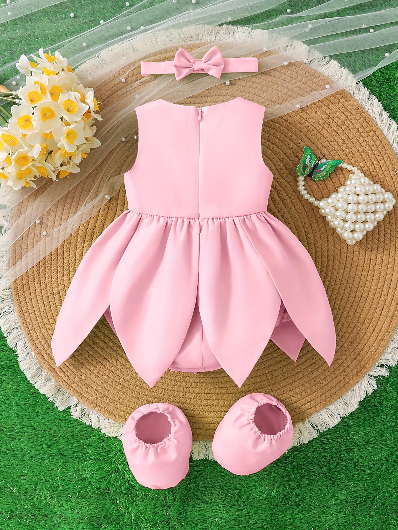 [Cute Fairy Dress] Summer Cute Green Fairy Princess Petal Dress Set for Baby Girl | Sleeveless Top with Ruffled Skirt, Matching Headband & Hair Accessories, Soft Non-Stretch Fabric