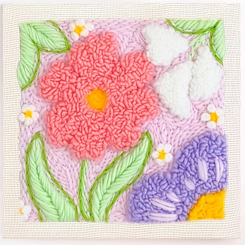 [1 Set Complete Beginner Punch Needle] 1 Set Punch Needle Beginner Kit with Adjustable Plastic Punches, Mixed Color Yarn, All Seasons Flower Theme Crafting Set, Complete Material Included