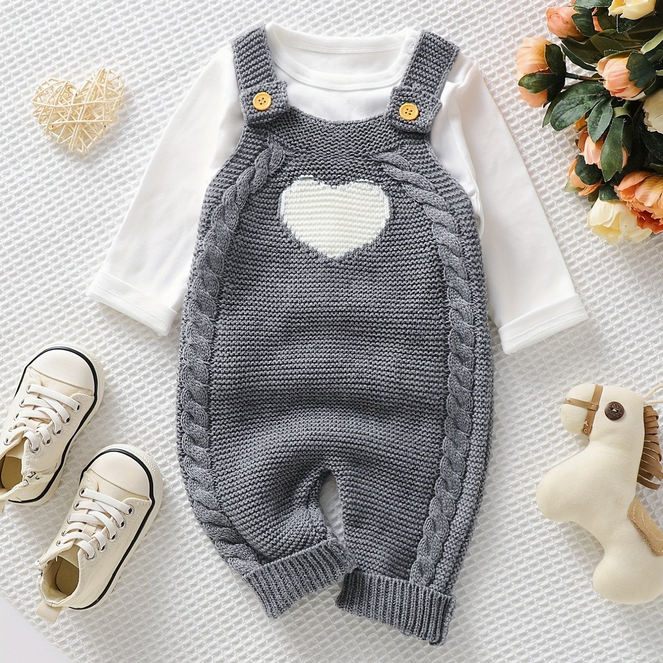 Unisex Bodysuit with Heart Jacquard Detail - Soft 100% Acrylic Square Neck Winter Outfit, Elastic Crotch & Snap Closure, Light Green Adorable Clothing for &, Perfect for Outdoor