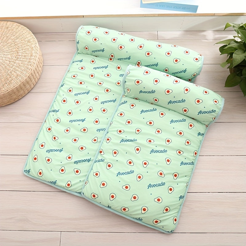 Cooling High-Resilience Pet Ice Dog Bed with Pillow - Breathable Non-Slip Square Dog Nest for Small Dogs, Machine Washable Fruit Pattern Design for Summer Comfort, Pet Beds for Dogs, Easyclean Material