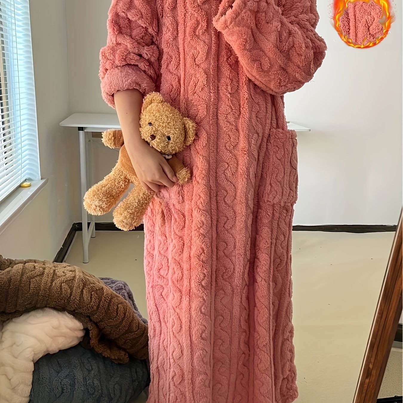 [Warm Fleece Nightgown] Warm Fleece-Lined Women's Long Sleeve Nightgown | Soft Plush Red Round Neck Machine Washable Cozy Pregnancy Pajama Dress for Fall & Winter, Maternity Pajamas, Casual Homewear