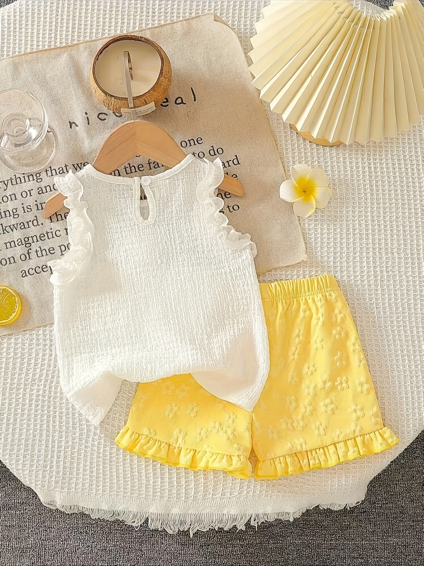 [2pcs Summer Set] 2pcs New Summer Cute Floral Lace Flower Tank Top and Shorts Set for Baby Girls P101596