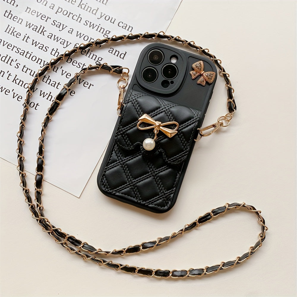 Diamond Grid Bow Card Phone Case Suitable for iPhone 15Promax/14plus with Lanyard Can Be Carried Obliquely 12pro/13promax Full Cover 12Mini/13Mini Soft Case 11 Protective Case Coin Purse