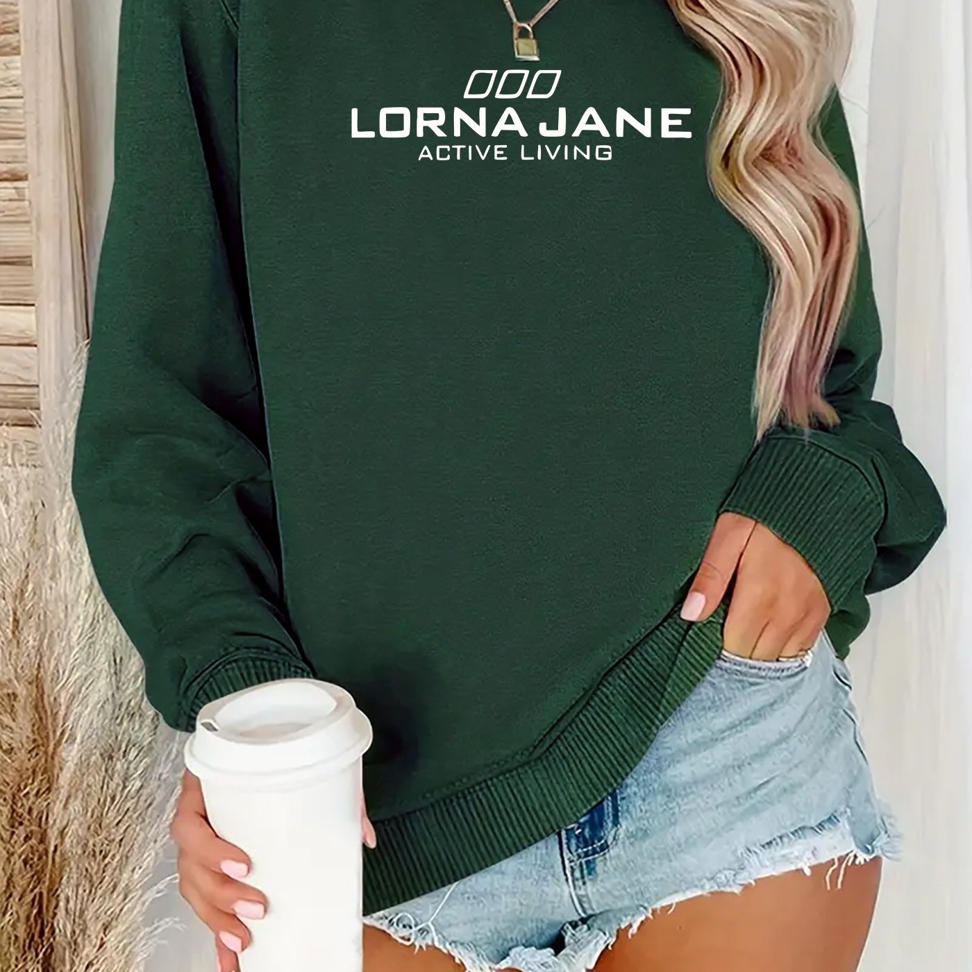 Women'S Green "Lorna Jane Living" Graphic Sweatshirt - Casual Long Sleeve Crewneck, Machine Washable Polyester, Perfect for Fall/Winter, Ladies Sweaters