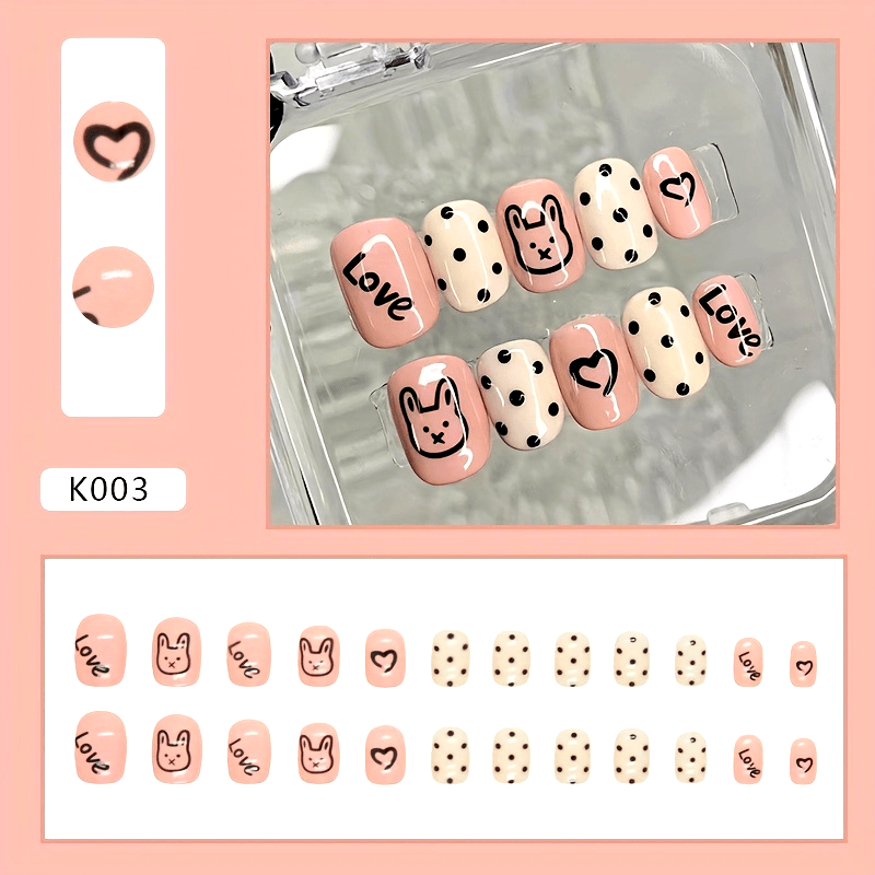 24pcs Small Square Press-On Nails in Pink with Cute Bunny Polka Dot and Heart Design, Includes Jelly Glue & Nail File