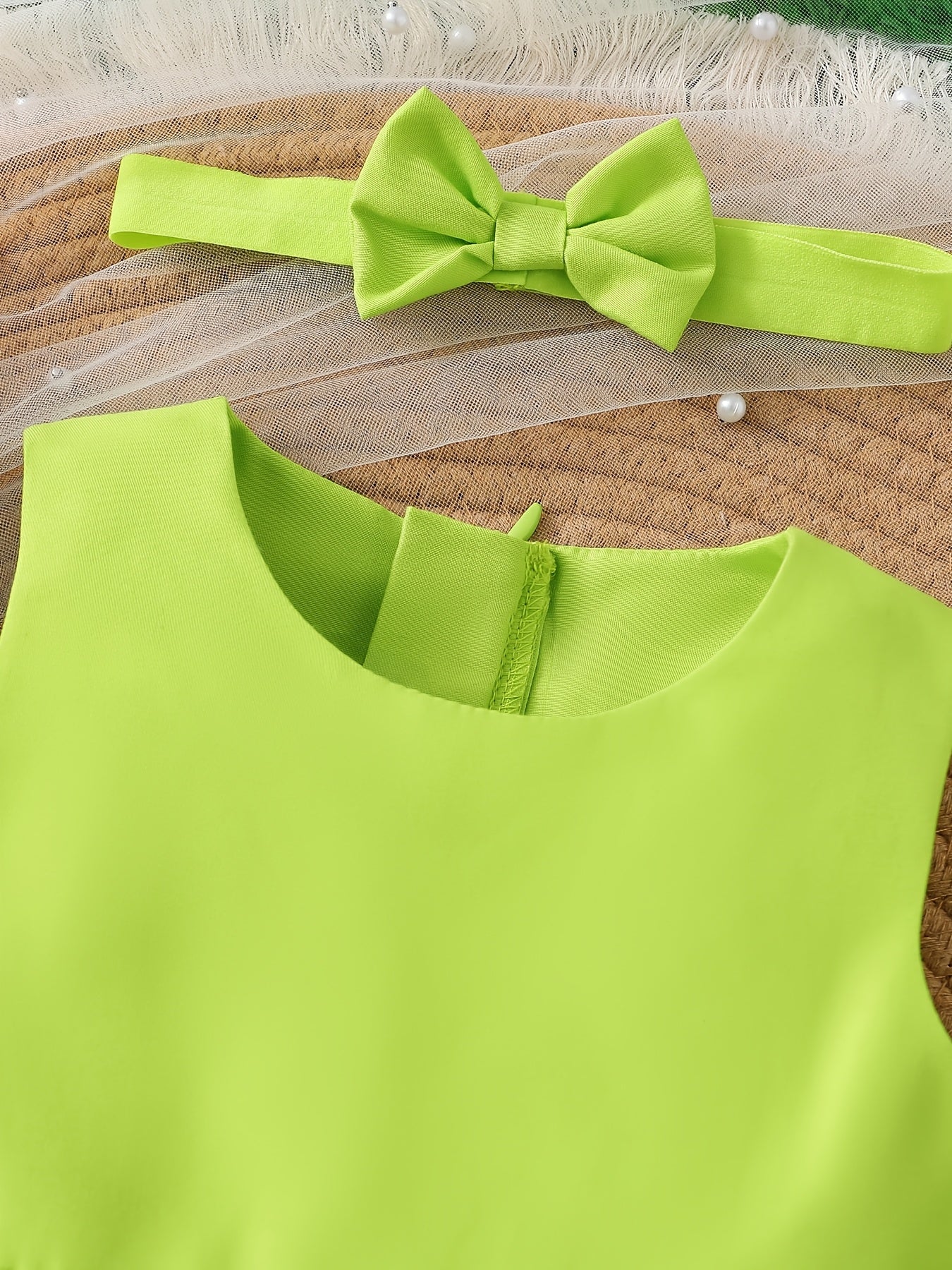[Cute Fairy Dress] Summer Cute Green Fairy Princess Petal Dress Set for Baby Girl | Sleeveless Top with Ruffled Skirt, Matching Headband & Hair Accessories, Soft Non-Stretch Fabric