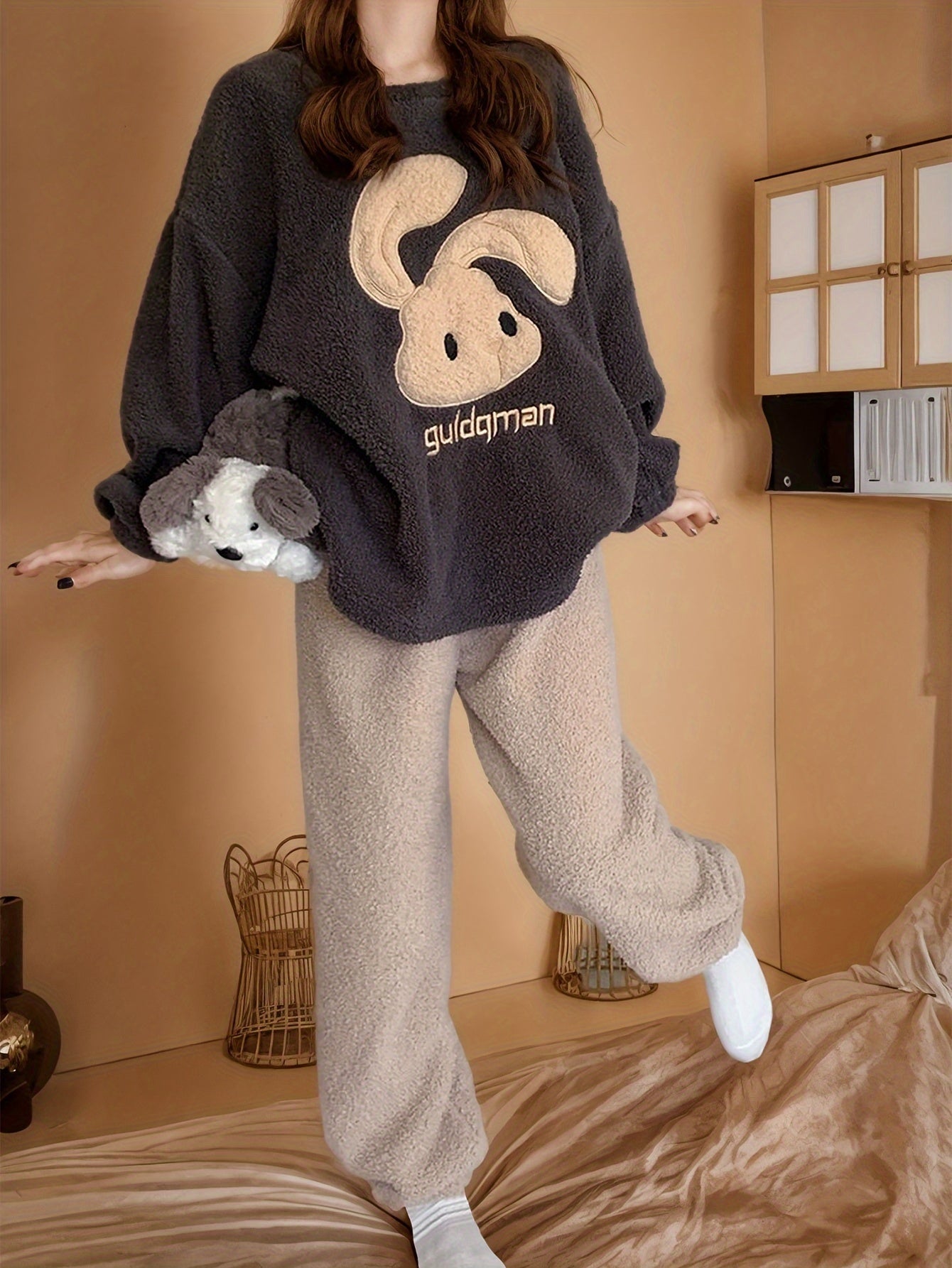 Thick Fleece Women's Lounge Set, Cute Bunny & Letter Pattern Long Sleeve Round Neck Top & Pants, Comfortable Relaxed Fit For Fall & Winter