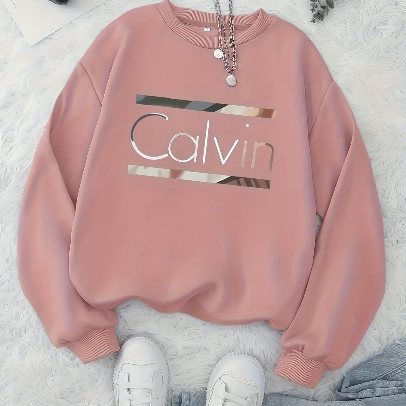 Women'S Casual Crew Neck Sweatshirt with "Calvin" Letter Print - Soft Blue, Long Sleeves, All-Season Comfort, Casual Wear|Graphic Sweatshirt|Comfortable Fit, Sweater Hoodie