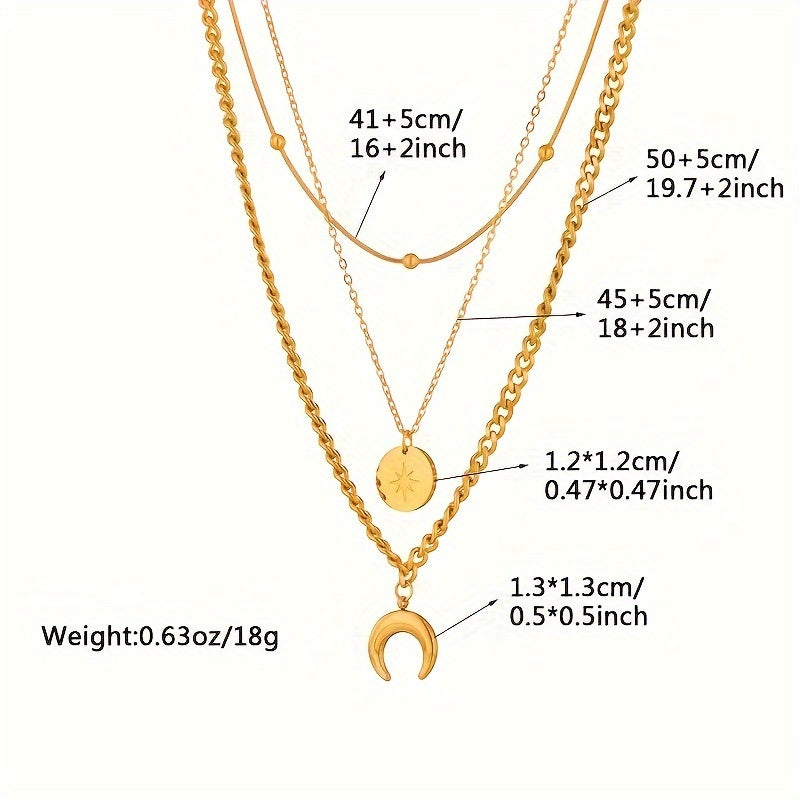 Stainless Steel Golden 3 Layer Shine Crescent Moon Pendant Necklace Women Trend Chain Neck Jewelry Gift, Gift for Eid, Ramadan