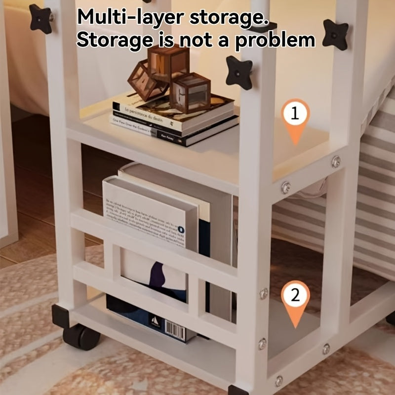 Under 3.2 Cubic Feet Closed Storage Adjustable Height Overbed Table, Wooden Mobile Desk with Storage Shelves, No Electricity Required, Weather-Independent, Less Than 27 Inches Tall, for Home, Bedroom, Dorm, Laptop Stand, Desk & Drawer Organizer