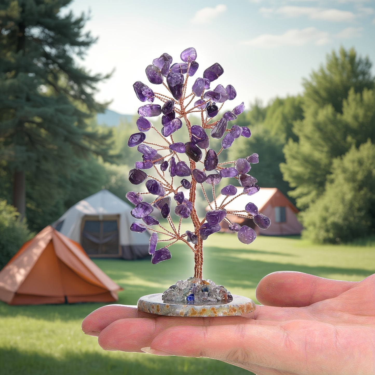 Natural Amethyst Tree of Life, Crystal Tree with Agate Base, Handmade Gemstone Tree Desktop Decoration, Lucky Money Tree Bonsai, Home Decoration, Spiritual and Mysterious Gift