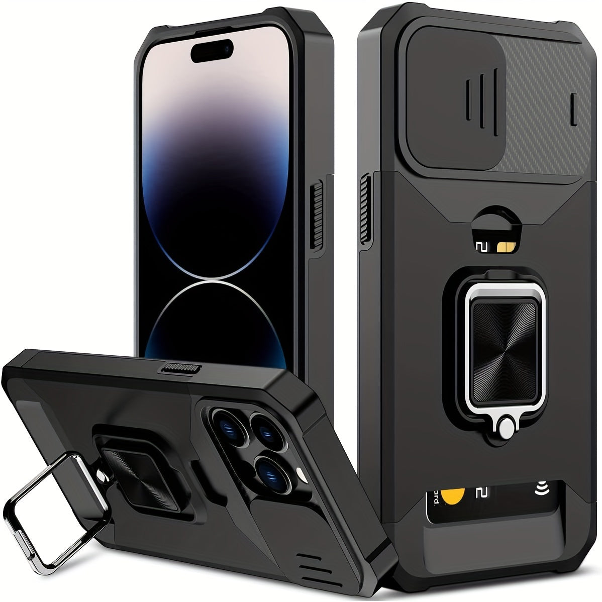 [1pc Heavy-Duty Phone Case] Heavy-Duty Shockproof Phone Case with a Metal Stand And Card Slot, Compatible with Iphone 16 Pro Max, 15 Pro Max, 14 Pro Max, And 13 Pro Max.