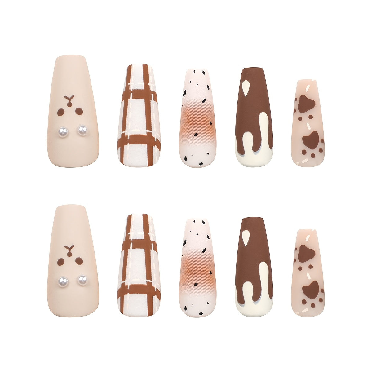 24pcs Cute Bear & Heart Design Press-On Nails - Medium Ballet Shape, Glossy Finish, Mixed Colors (Beige, Brown, White) with Jelly Glue & Nail File Included, Beauty Accessories, Whimsical Patterns, Durable Pressons