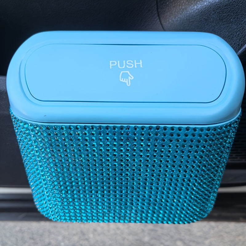Artificial rhinestone inlaid car trash can, car interior hanging storage bin automatic lid trash can bag multi-functional mother car accessories