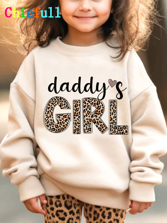 1pc Chicfull Daddy'S Girl Leopard Print Lettering Sweatshirt for Girls, Casual Style, Round Neck, Polyester, Knitted, Regular Fit, Warm and Stretchy - All Seasons, Thick