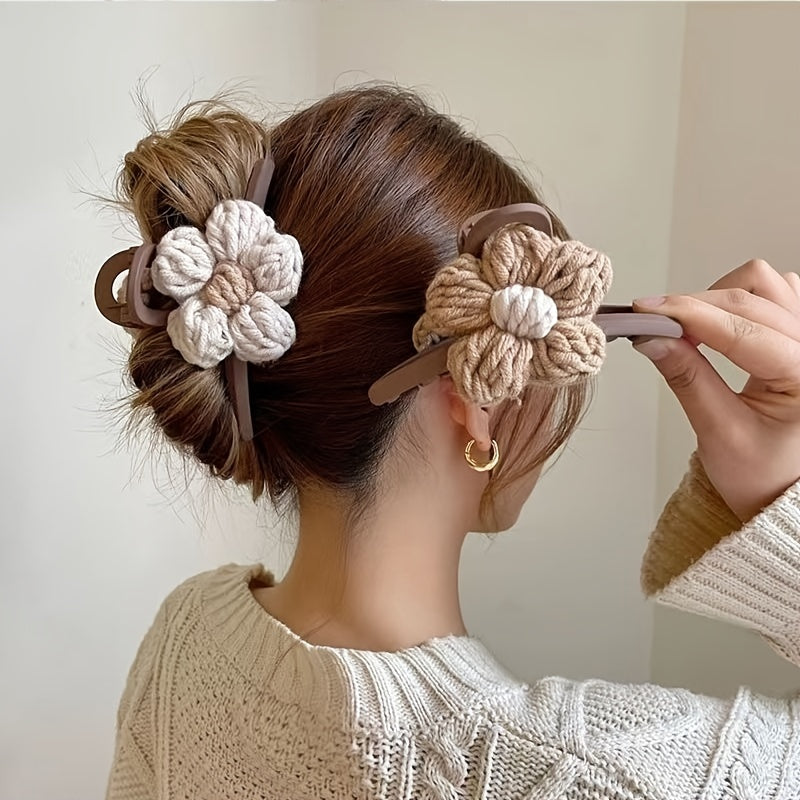 [Cute Hair Clips] Cute 1pc Chinese Style Flannelette Knitted Flower Jaw Clips | Hair Clamps Ponytail Holder Shark Clips, Color Matching Women Girls Hair Accessories