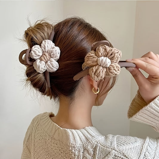 [Cute Hair Clips] Cute 1pc Chinese Style Flannelette Knitted Flower Jaw Clips | Hair Clamps Ponytail Holder Shark Clips, Color Matching Women Girls Hair Accessories