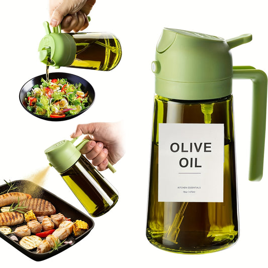 16oz Olive Green Glass Olive Oil Dispenser - 2-in-1 Oil Bottle and Cooking Sprayer with Auto Flip Cap and Label Stickers (Light Blocking)