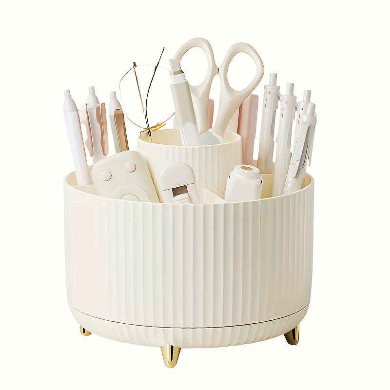 Round Multi-Compartment Rotating Pen Holder - Plastic Desk Organizer for Office Supplies and Cosmetics