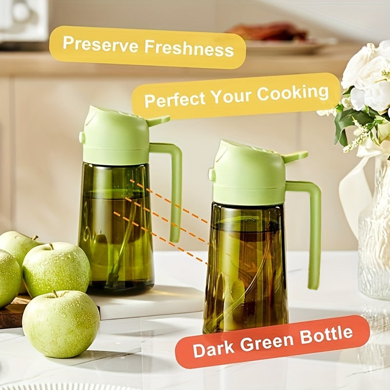 16oz Olive Green Glass Olive Oil Dispenser - 2-in-1 Oil Bottle and Cooking Sprayer with Auto Flip Cap and Label Stickers (Light Blocking)