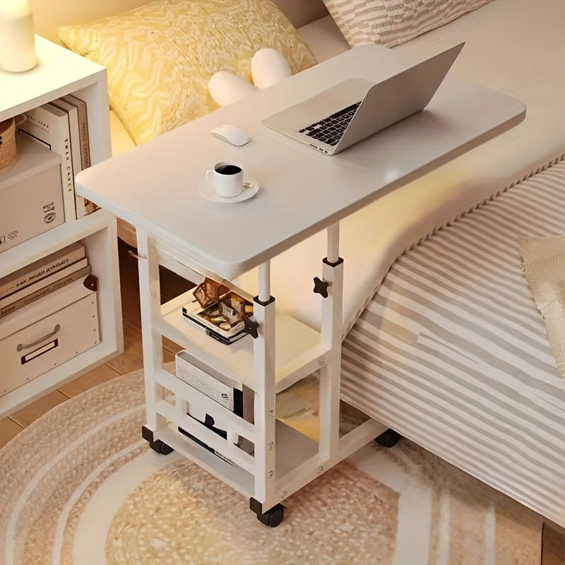 Under 3.2 Cubic Feet Closed Storage Adjustable Height Overbed Table, Wooden Mobile Desk with Storage Shelves, No Electricity Required, Weather-Independent, Less Than 27 Inches Tall, for Home, Bedroom, Dorm, Laptop Stand, Desk & Drawer Organizer