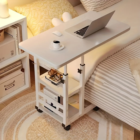 Under 3.2 Cubic Feet Closed Storage Adjustable Height Overbed Table, Wooden Mobile Desk with Storage Shelves, No Electricity Required, Weather-Independent, Less Than 27 Inches Tall, for Home, Bedroom, Dorm, Laptop Stand, Desk & Drawer Organizer