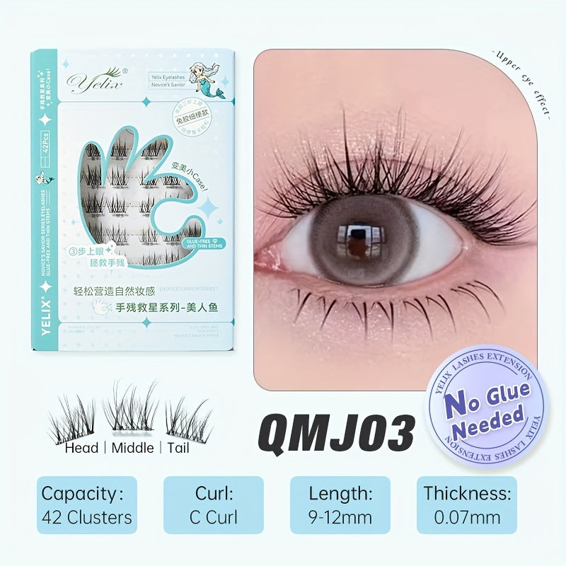 42 Clusters C/J Curl No Glue Needed Eyelash Extensions Handmade Grafting Individual False Eyelash Wispy Lashes Gift for Women & Girl