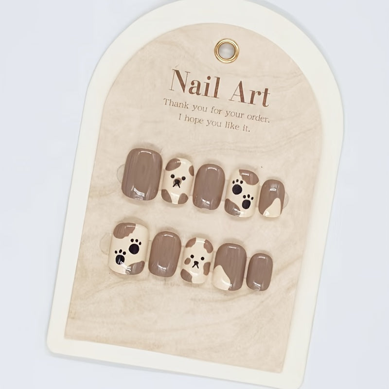 24pcs Cute Bear Design Fake Nails Set - Matte Finish, Animal Patterns, Reusable with Mini Nail File and Jelly Glue Included