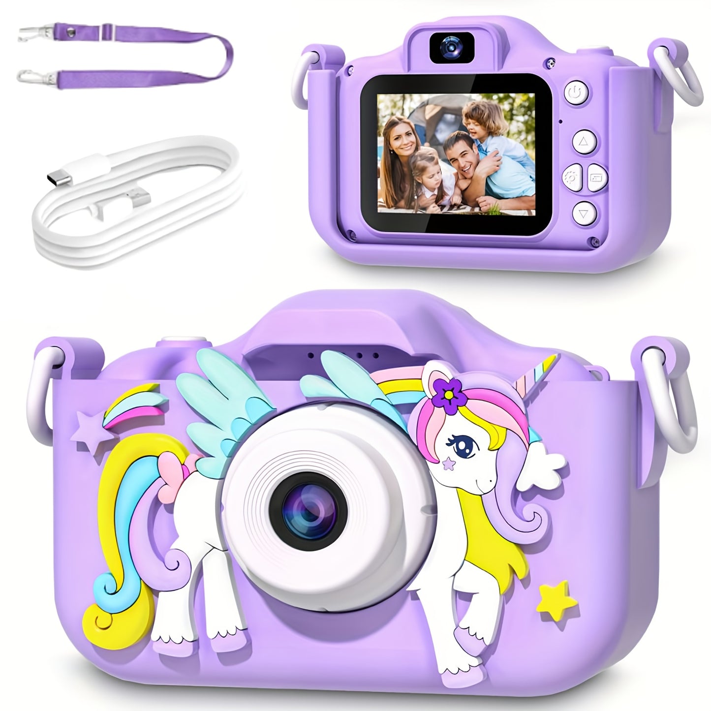 Unicorn-Themed Youngsters' HD Digital Camera with Front & Rear Lenses, Rechargeable Portable Toy with Video Games, 32GB Storage, USB Charging, Bright Pink/Purple, Perfect Birthday Gift for Boys & Girls Ages 3-12, Youngsters's Digital Camera | Whimsical De