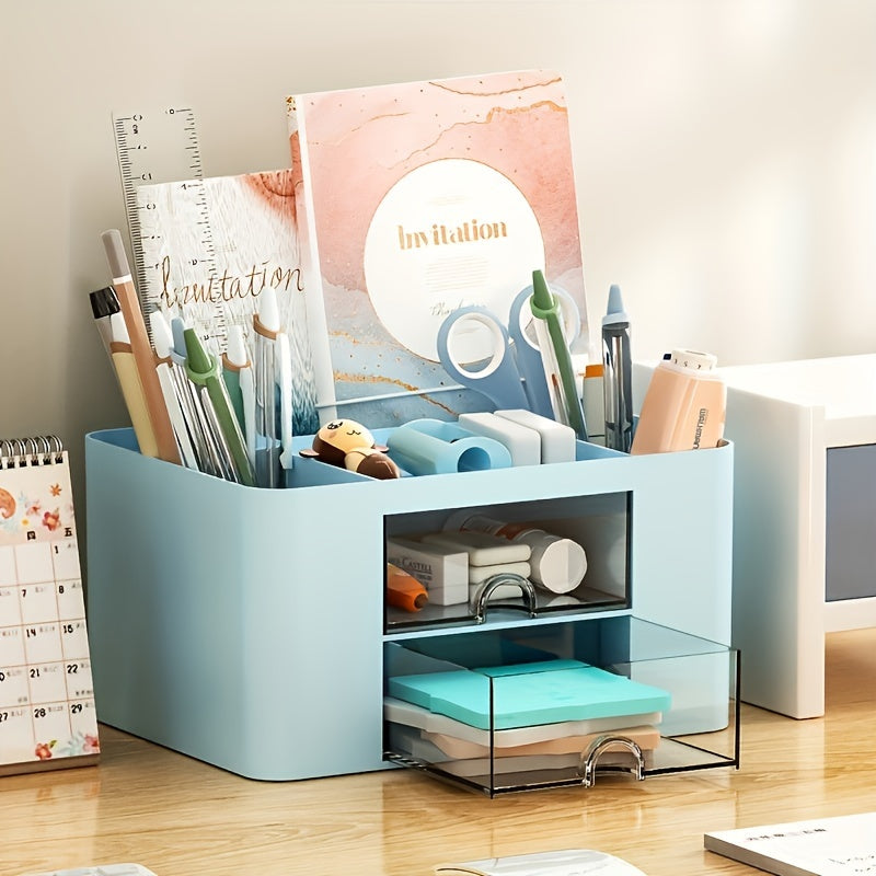 1pc Multi-Functional Plastic 5 Compartments Desk Organizer with 2 Drawers - Office Supply Caddy, Portable Desktop Storage for Stationery, Pens, Pencils, Art Supplies