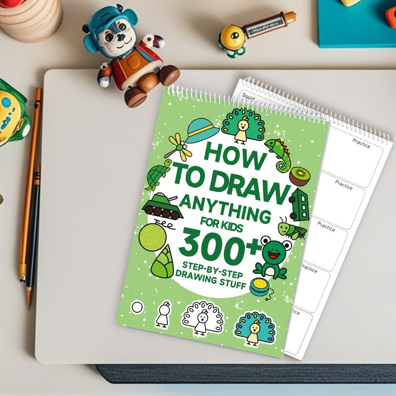 1pc Green Stick Figure Drawing Book for Youngsters - 300+ Step-by-Step Art & Education Toy, Learning Painting Supplies with Cartoon Dinosaur & Frog Designs, Perfect for Creative Writing & Coloring, Youngsters Drawing Book | Playful Design | Spiralbound Bo
