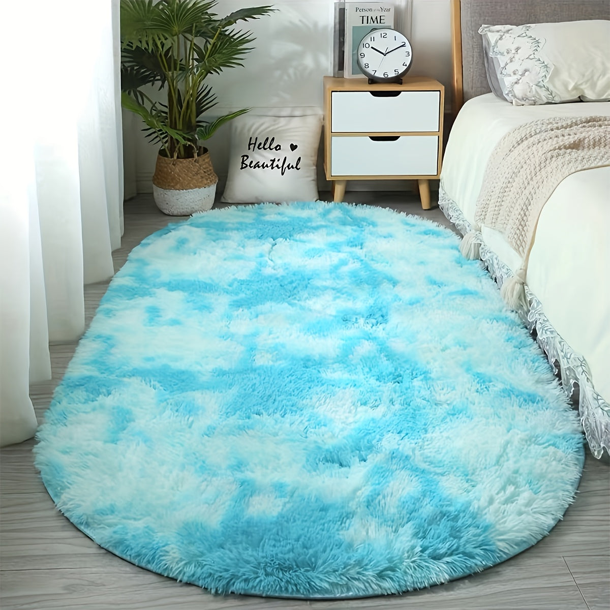 [Ultra-Soft] Oval Tie-Dye Plush Area Mat | Luxurious Faux Fur | Anti-Slip Backing, Stain & Absorbent | Living Room & Bedroom | Modern
