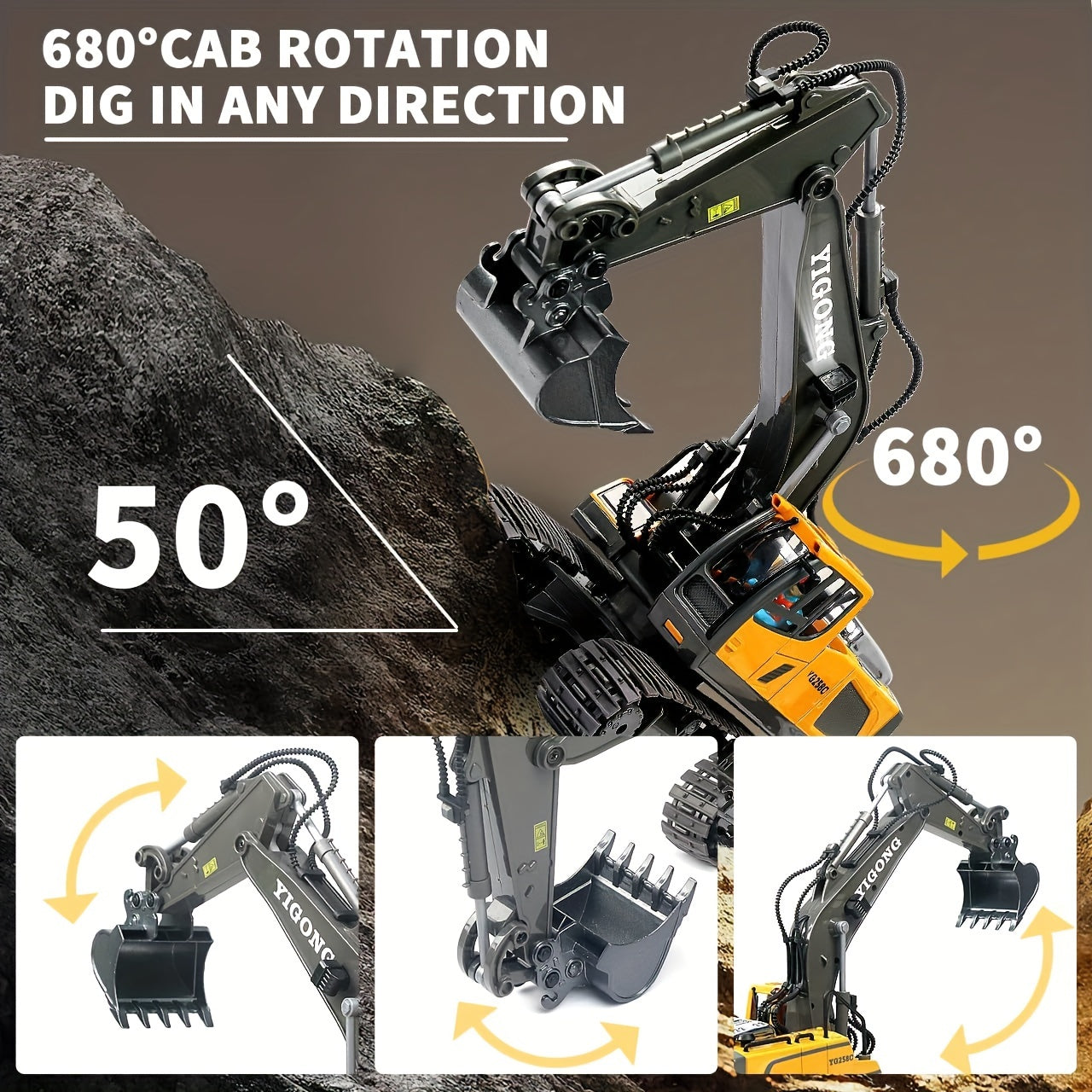 [RC Excavator Toy] 2.4Ghz Remote Control Excavator Toy | for Boys, Kids 6 7 8 9 10 11 Year Old, with Metal Shovel, Lights, Sounds, Turns 680 Degree - Bigger 1/18 Scale RC Construction Toys