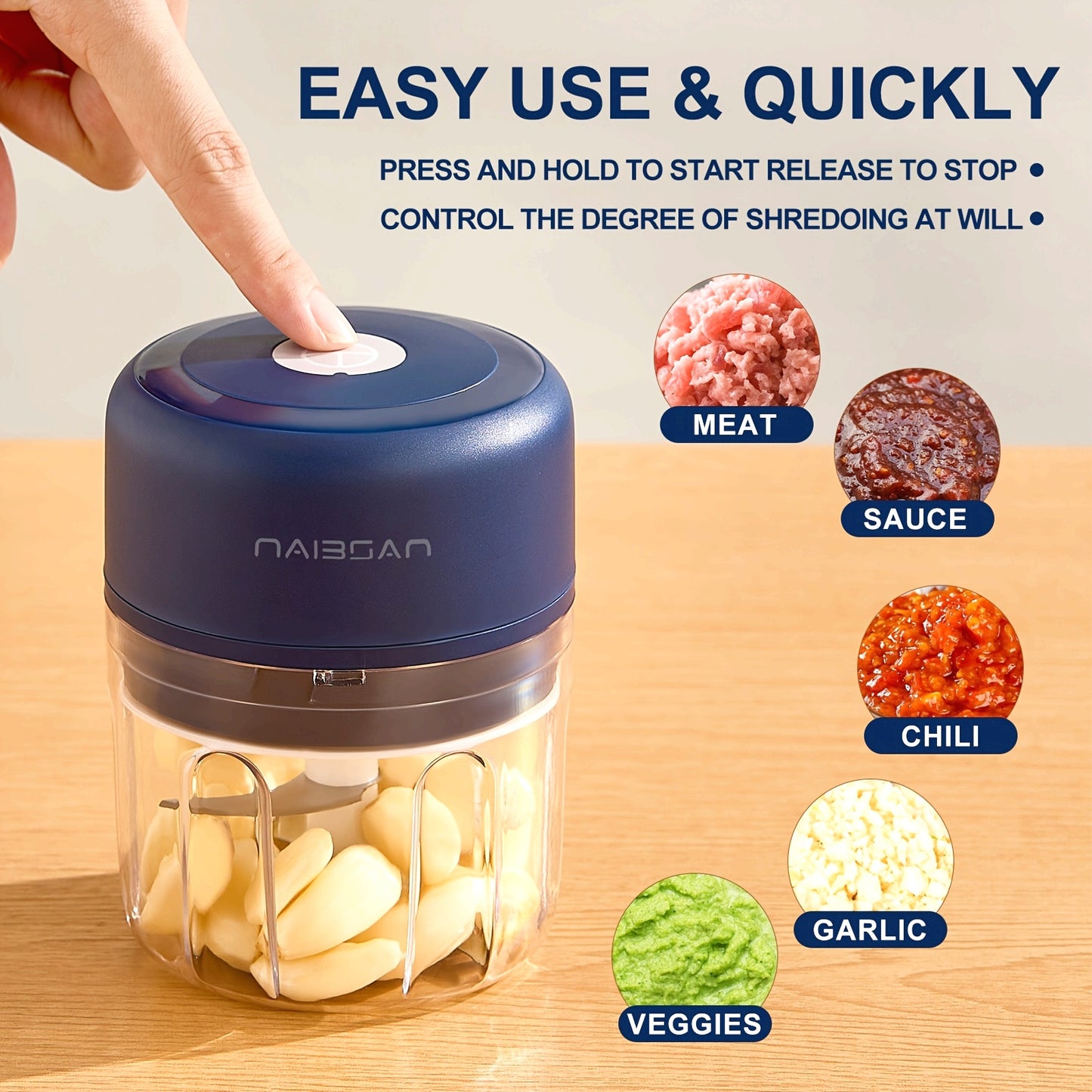 Naibsan Electric Food Shredder, Mini Meat Grinder, Garlic Puree Maker, USB Charging, 5000rpm, 251ml Capacity, Portable Kitchen Gadget for Minced Meat, Vegetable, Onion, Ginger, Chili, Rechargeable Lithium Battery