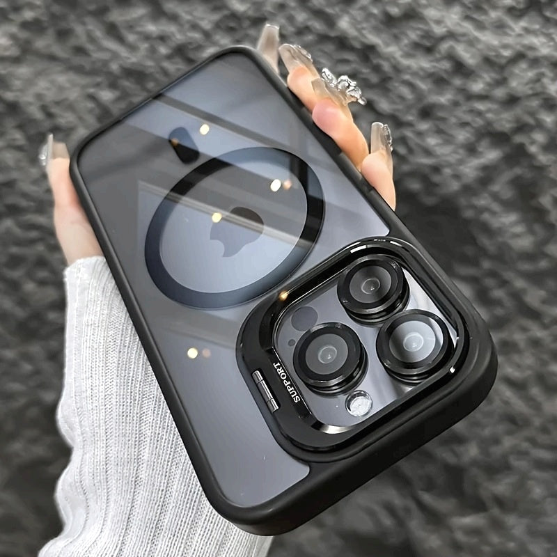 Simplified Magnetic Metal Frame Lens Protective Film/Bracket Three In One Phone Case Suitable for iPhone 16 16pro 16proMax 15 15Pro 15ProMax 14 14Pro 14ProMax 13 13Pro 13ProMax 12 12Pro 12ProMax 11 Acrylic Anti Drop Hard Shell Protective Case