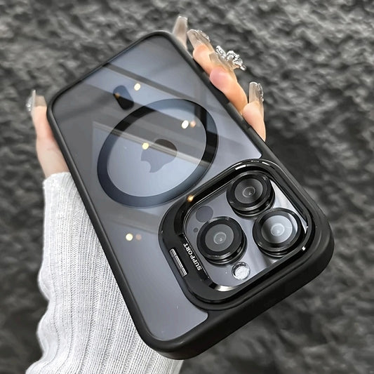 Simplified Magnetic Metal Frame Lens Protective Film/Bracket Three In One Phone Case Suitable for iPhone 16 16pro 16proMax 15 15Pro 15ProMax 14 14Pro 14ProMax 13 13Pro 13ProMax 12 12Pro 12ProMax 11 Acrylic Anti Drop Hard Shell Protective Case