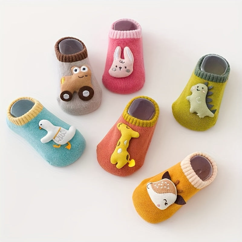 3 Pairs Of Baby Boy's Cartoon Animal Dino Decor Bottom Rubber Non-slip Sports Socks, Comfy Breathable Soft Socks For Babies Wearing