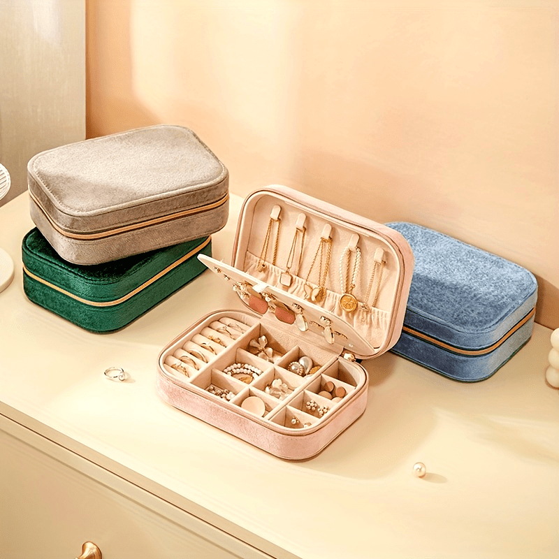 1pc Glam Style 3-Layer Velvet Jewelry Box with Zipper Closure - Multipurpose Rectangular Organizer with Necklace Hooks for Earrings, Necklaces, Rings, Watches, Hair Accessories - Ideal for Travel & Home Storage - Perfect for Christmas, New Year, Valentine