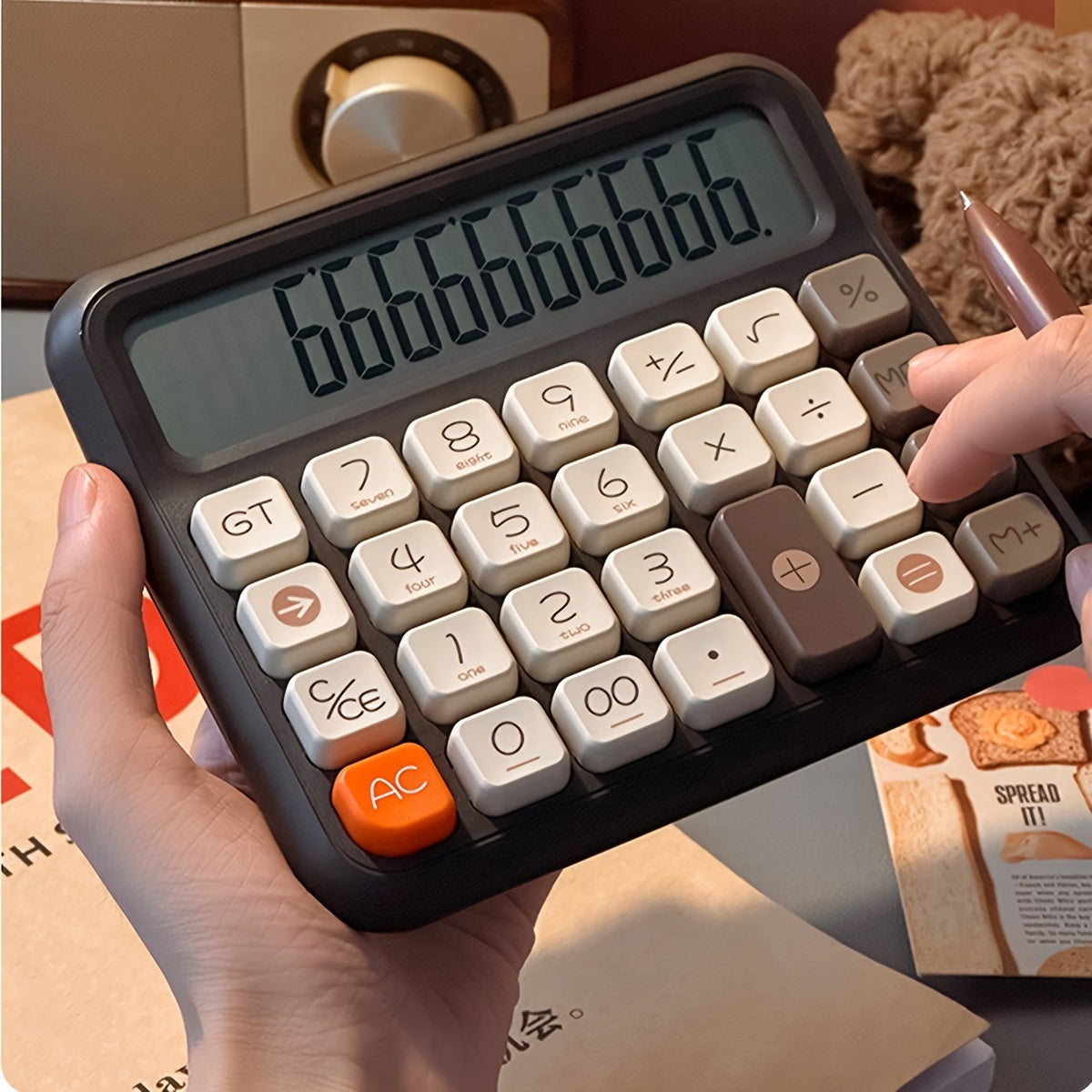 [Retro Calculator] 12-Digit Color Retro Calculator | Computer Office Flexible Keyboard Financial Accounting Commercial Desktop Large Screen Mechanical Key