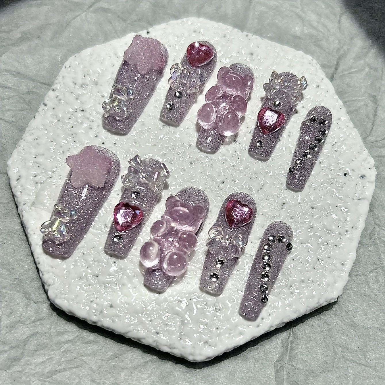 [Cute Handmade Nails] 10pcs Handmade Cartoon Nails | Cute Bow Bear Star Twinkling Nail Art, Wear Nails with 1 Jelly Sticker + 1 Sticker + 1 Nail File - No Glue