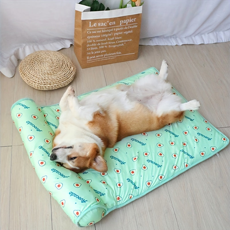 Cooling High-Resilience Pet Ice Dog Bed with Pillow - Breathable Non-Slip Square Dog Nest for Small Dogs, Machine Washable Fruit Pattern Design for Summer Comfort, Pet Beds for Dogs, Easyclean Material