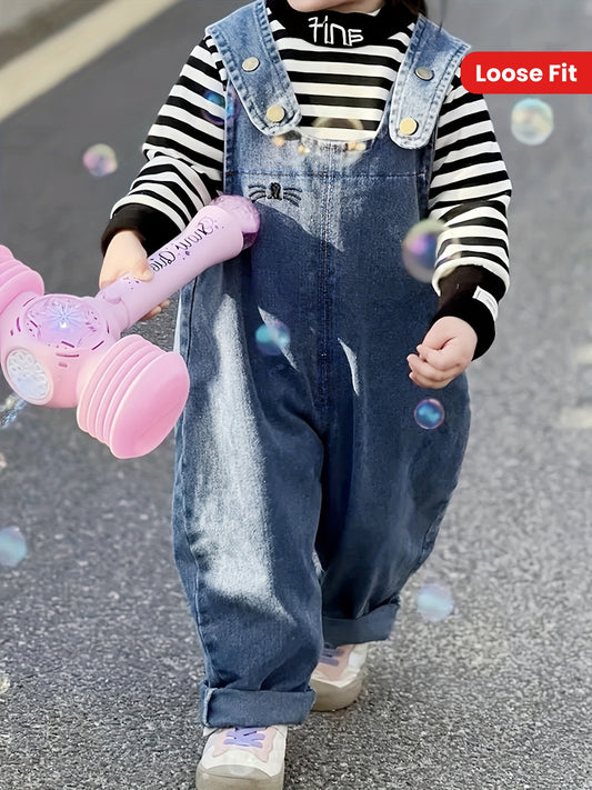 [Light Blue Denim Overalls Casual] Adorable Youngsters' Light Blue Denim Overalls with Rabbit Ear Details - Casual, Loose Fit for Spring & Autumn, Machine Washable, Perfect for Outdoor