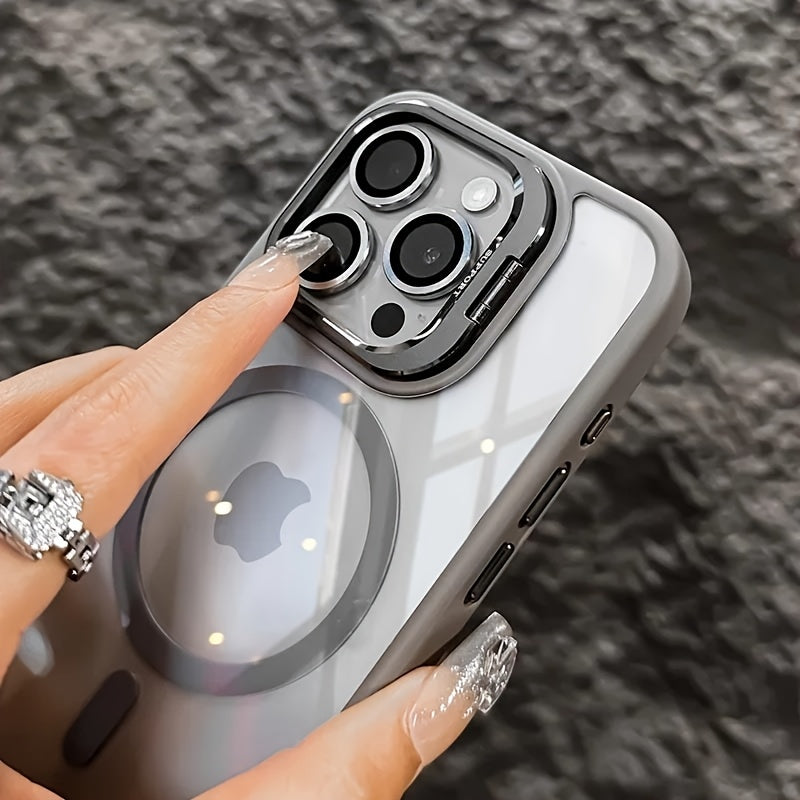 Simplified Magnetic Metal Frame Lens Protective Film/Bracket Three In One Phone Case Suitable for iPhone 16 16pro 16proMax 15 15Pro 15ProMax 14 14Pro 14ProMax 13 13Pro 13ProMax 12 12Pro 12ProMax 11 Acrylic Anti Drop Hard Shell Protective Case
