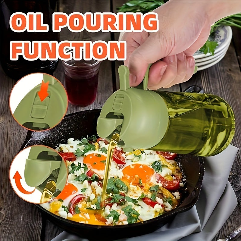16oz Olive Green Glass Olive Oil Dispenser - 2-in-1 Oil Bottle and Cooking Sprayer with Auto Flip Cap and Label Stickers (Light Blocking)