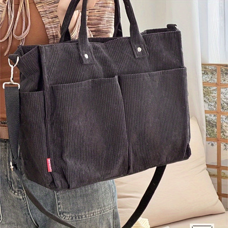 [Multi-Pocket Corduroy Tote Bag] Chic Corduroy Tote Bag for Women - Multi-Pocket, Thickened Design with Striped Pattern, Black | Casual & Artistic Crossbody Shoulder Handbag, Harajuku, Autumn Winter, Student