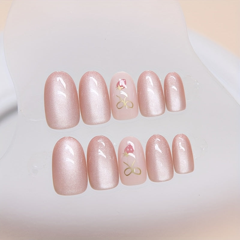 24pcs Cute Strawberry & Bowknot Removable Press-On Nails - Pink Cat Eye Effect, Short Oval False Nails with Glossy Finish, Easy to Wear & Remove, Perfect for Casual Attir